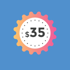 35 dollar price tag. Price $35 USD dollar only Sticker sale promotion Design. shop now button for Business or shopping promotion
