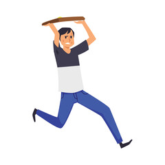 Man running away covering head with a folder, flat vector illustration isolated.