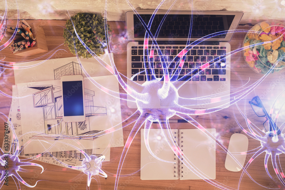 Poster neuron hologram drawings over computer on the desktop background. top view. multi exposure. concept 