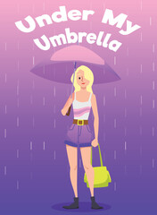 Woman staying under umbrella in the rain, poster template flat vector illustration.
