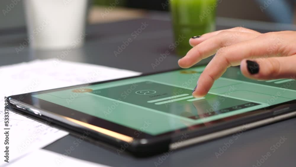 Aufkleber Business woman hands, tablet and research innovation of data analytics, mobile app ui data and network web design. Online user technology, digital marketing and creative brand information on screen