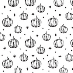 Pumpkin vector illustration isolated on white backdrop, hand drawn engraved vintage sketch, seamless pattern for restaurant menu, symbol autumn holiday, wallpaper, textile, package design