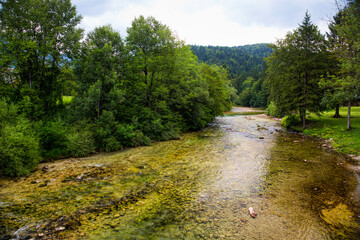 Fototapeta na wymiar Sava Bohinjka River Passing Ribcev Laz, Slovenia
