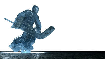 translucent ise sculpture of ice hockey goalie in dinamic pose with dramatic light and dust particles in the air. hockey legend, competition, winner concept background 3d render on transparent bg