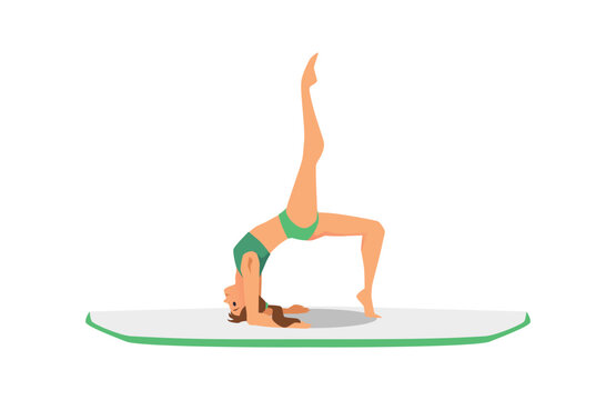 Woman practicing yoga on paddleboard flat vector illustration isolated.