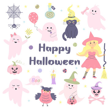 Cute pink pastel Halloween set. Hand drawn magic characters for kids. Little pink ghosts, pretty witch, cat, owl, skull, spooky pumpkin, spider and other.