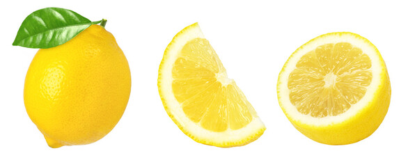 Ripe lemon fruit with leaves, slice and half isolated on white background, Fresh and Juicy Lemon,...