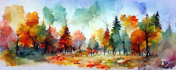 Background autumn forest landscape. Colourful watercolour painting of the fall season, Generative AI 