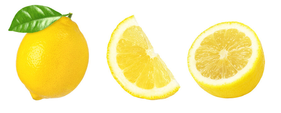 Ripe lemon fruit with leaves, slice and half isolated on white background, Fresh and Juicy Lemon, set