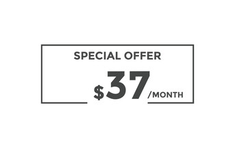 $37 USD Dollar Month sale promotion Banner. Special offer, 37 dollar month price tag, shop now button. Business or shopping promotion marketing concept
