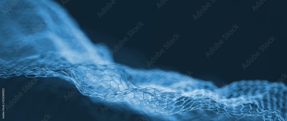 Poster 3d rendering of wavy hexagon shape geometry. glowing lines with dof blur effect. for technology, big