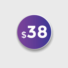 38 dollar price tag. Price $38 USD dollar only Sticker sale promotion Design. shop now button for Business or shopping promotion
