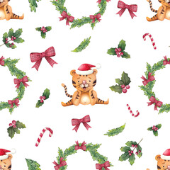 Watercolor seamless christmas pattern with tigers, santa hat, wreaths, fir trees, candy canes and holly