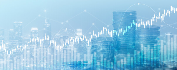 Double exposure of financial chart with line graph in stock market and stack of coins background