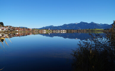 scenic landscape with serene alpine lake Hopfensee in Schwangau and the Bavarian Alps in the background on a sunny November day (Allgaeu, Bavaria, Germany)	
