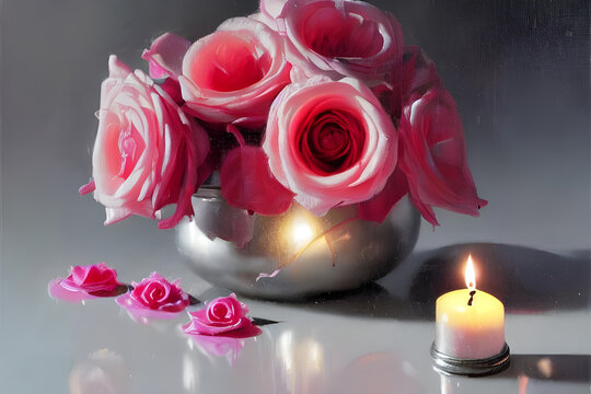Valentine's day: roses and candles dekoration - painted with oil - illustration - still life