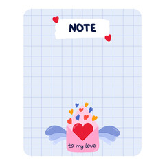 Cute scrapbook templates for planner (notes, to do, to buy, to read) with illustrations about love, romance, Valentine's day. With printable, editable illustrations. For school and university schedule