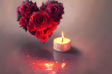 Valentine's day: a rose in the shape of heart with candles - painted with oil illustration - still life