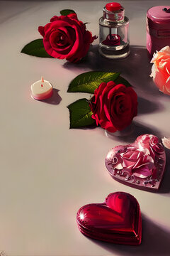 Valentine's day: roses and candles dekoration - painted with oil - illustration - still life