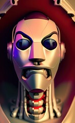 Futuristic robot head. Front view cyber face. Sci-fi digital illustration