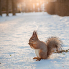 wild squirrel eats nuts and seeds on snow in winter park