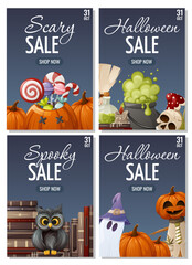 Halloween sale poster set. Pumpkins with sweet treat, bookstore and owl, ghost and scarecrow, attribute for divination, skull, potion, candle. Vector illustration. For banner, flyer, store. A4 format - obrazy, fototapety, plakaty