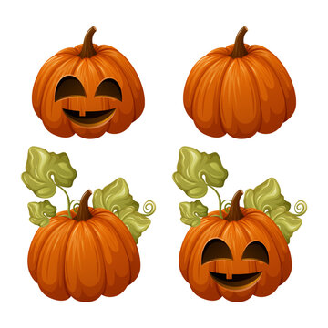 Set of Halloween pumpkins. Season vegetable, garden plant with leaves. Cartoon vector illustration