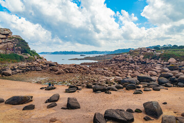 The colorful coast of Ploumanac'h, Brittany, France, close to the village of Perros-Guirec, on the...