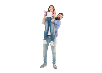 A darling daughter of her dad. Bearded man carrying small daughter child in his hands. Happy father and little daughter enjoying time together. Treating his daughter with love