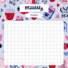 Cute scrapbook templates for planner (notes, to do, to buy, to read) with illustrations about love, romance, Valentine's day. With printable, editable illustrations. For school and university schedule