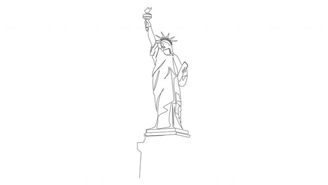 animated single line drawing of statue of liberty isolated on white background, lady liberty line art animation