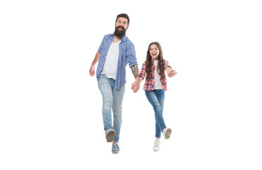 Move in same direction. Following fathers example. On same wave concept. Bearded father and small child walking or running together. Move on. Lets move. Kid and dad cheerful friends in motion
