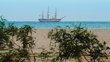 Amerigo Vespucci military sailing ship near the coast