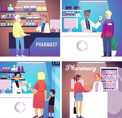 Set of square banners about pharmacy flat style, vector illustration