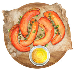 Baked pumpkin slices with thyme and honey watercolor