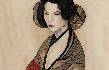 Japanese traditional painting with woman on papyrus background. Attractive geisha with white face and red lips. Rice paper. 