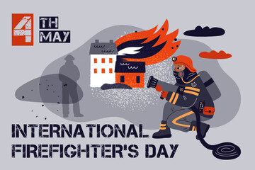 Firefighters Day poster. International professional holiday. Emergency service. Extinguishers fighting fire and saving people. Firemen extinguish burning house. Garish vector concept