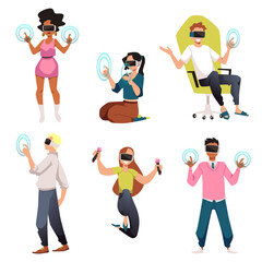 People playing VR games wearing glasses or headset, flat vector illustration isolated on white background.