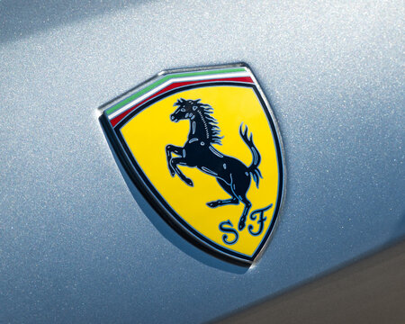 BAYONNE, FRANCE - CIRCA AUGUST 2022: Closeup shot of Ferrari logo featuring the Prancing Horse.
