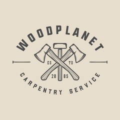 Vintage retro woodwork carpentry mechanic emblem, logo, badge, label. mark, poster or print. Monochrome Graphic Art. Vector Illustration. Engraving