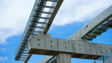 Installation of monorail train on its track elevated over road rapid railway transit system currently under construction