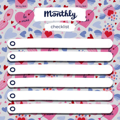 Cute scrapbook templates for planner (notes, to do, to buy, to read) with illustrations about love, romance, Valentine's day. With printable, editable illustrations. For school and university schedule