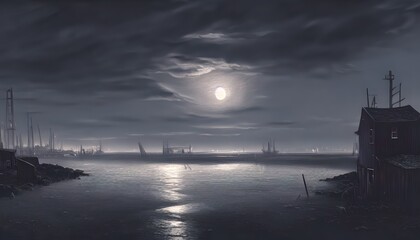 Fototapeta na wymiar Fishing village, on the edge of the world. Old pier. Illustration for a book, concept art