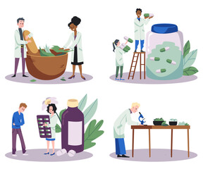Set of scenes with people making herbal medicines flat style