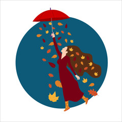 Girl with an umbrella in autumn leaves