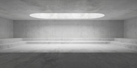 Abstract large, empty, modern concrete room, with oval ceiling opening, lowered area with stairs and rough floor - industrial interior background template