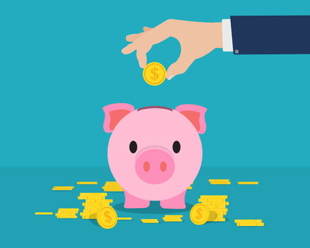 Business people keep money in pink pig piggy bank On the other side were gold coins. Save money for your business goals and dreams. blue background