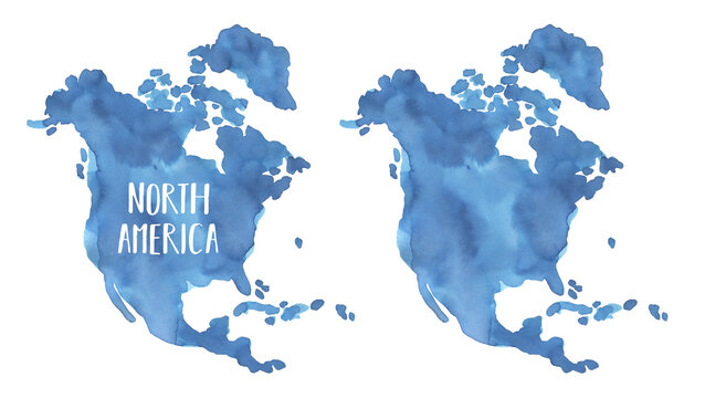 Water color illustration set of North America Continent Map in two variation: with text lettering and blank shape. Hand painted watercolour drawing on white backdrop, cut out art element for design.