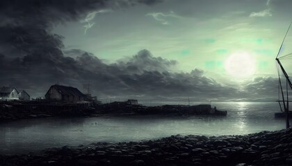 Fototapeta na wymiar Fishing village, on the edge of the world. Old pier. Illustration for a book, concept art