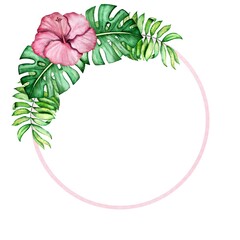 Tropical plant watercolor decoration  illustration. Round frame.